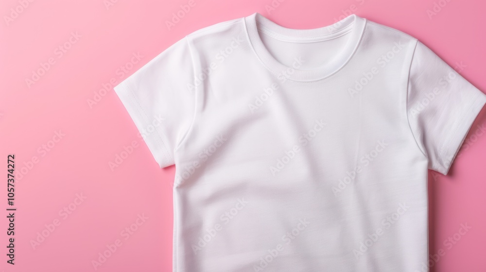 A plain white t-shirt is displayed on a soft pink background, showcasing its simple design and versatile style. A plain white t-shirt is displayed on a soft pink background, showcasing its simple design and versatile style.