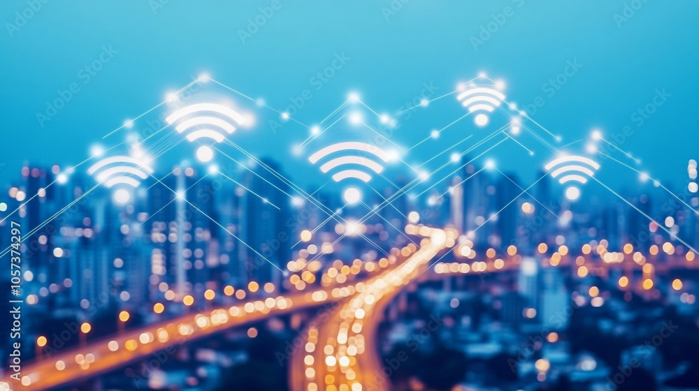 Abstract view of a cityscape with network connections and wireless technology.
Abstract view of a cityscape with network connections and wireless technology.