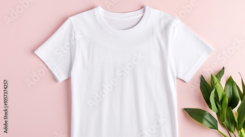 Obraz na płótnie A plain white t-shirt is laid flat on a pink background, accompanied by green leaves, creating a fresh and minimalistic aesthetic. w salonie