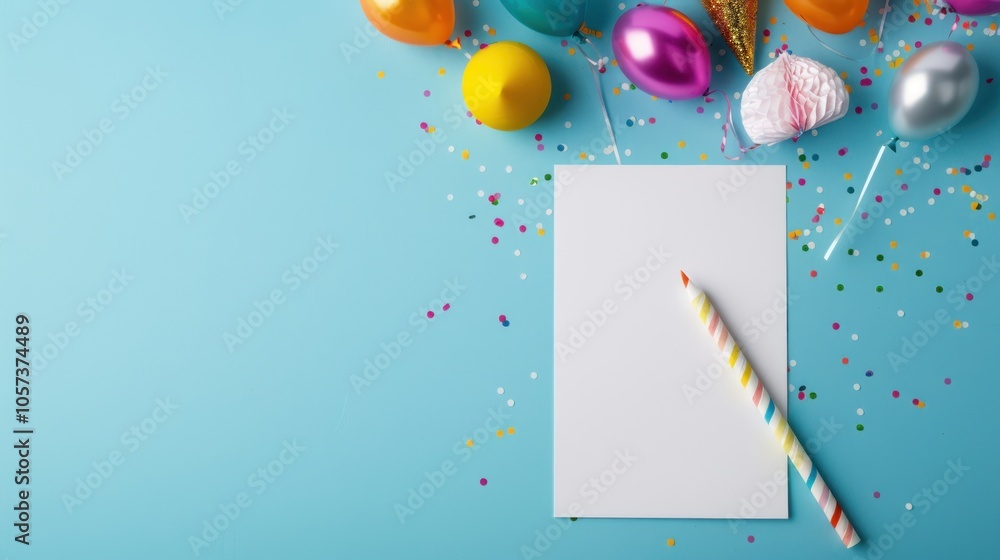 A colorful scene featuring festive decorations, including balloons, candies, and a blank note with a straw, perfect for a celebration or party invitation.