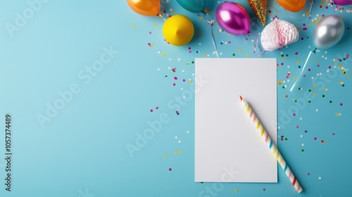 Obraz na płótnie A colorful scene featuring festive decorations, including balloons, candies, and a blank note with a straw, perfect for a celebration or party invitation. w salonie