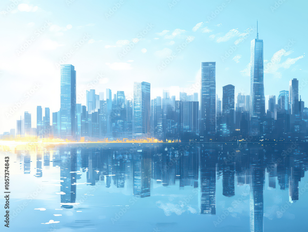 Serene city skyline reflected on calm waters under a bright blue sky. Serene city skyline reflected on calm waters under a bright blue sky.
