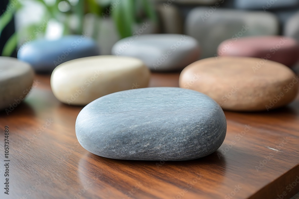 Smooth Gray Stone on a Wooden Table Smooth Gray Stone on a Wooden Table