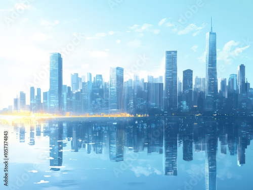 Serene city skyline reflected on calm waters under a bright blue sky.