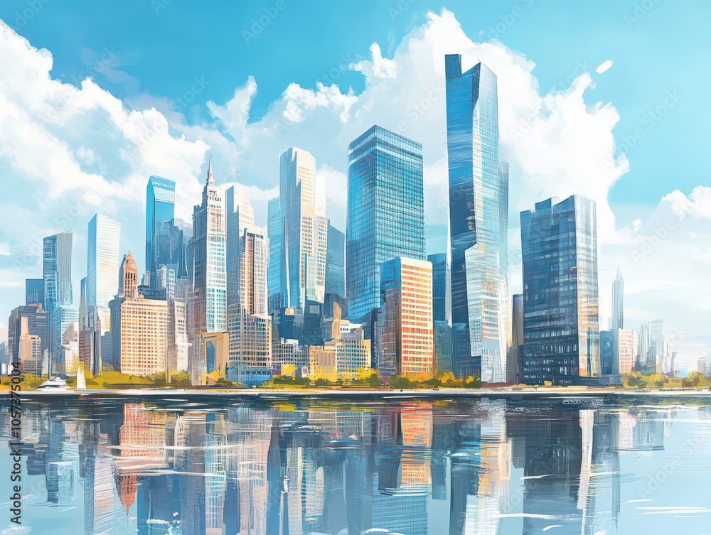 Obraz premium Vibrant city skyline with modern skyscrapers reflecting in calm waterfront under a bright blue sky.