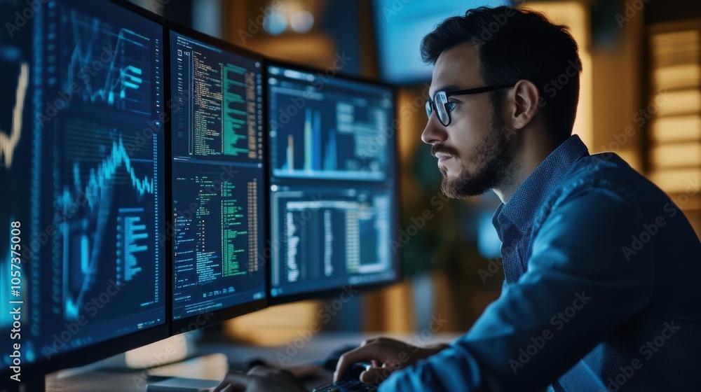 Analyst at a computer, utilizing a data dashboard Analyst at a computer, utilizing a data dashboard