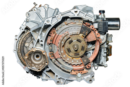Obraz na płótnie Cross section of modern car automatic transmission gearbox showing gears and clutch disks, isolated on white background. w salonie
