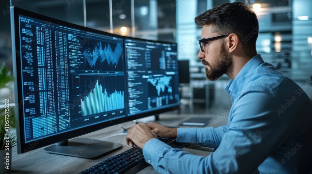 Analyst using a computer and dashboard for data business analysis, Analyst using a computer and dashboard for data business analysis,