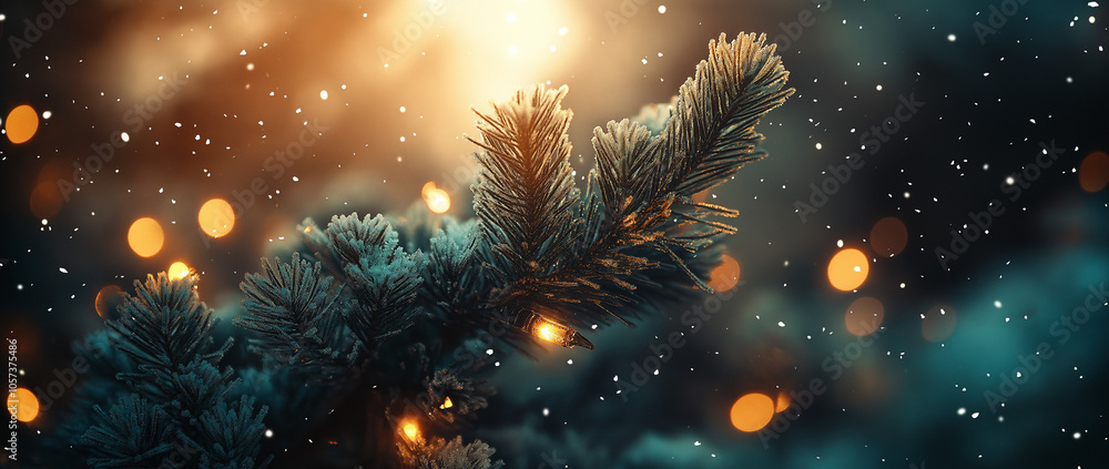 Christmas tree branches with a falling snow. Christmas tree branches with a falling snow.