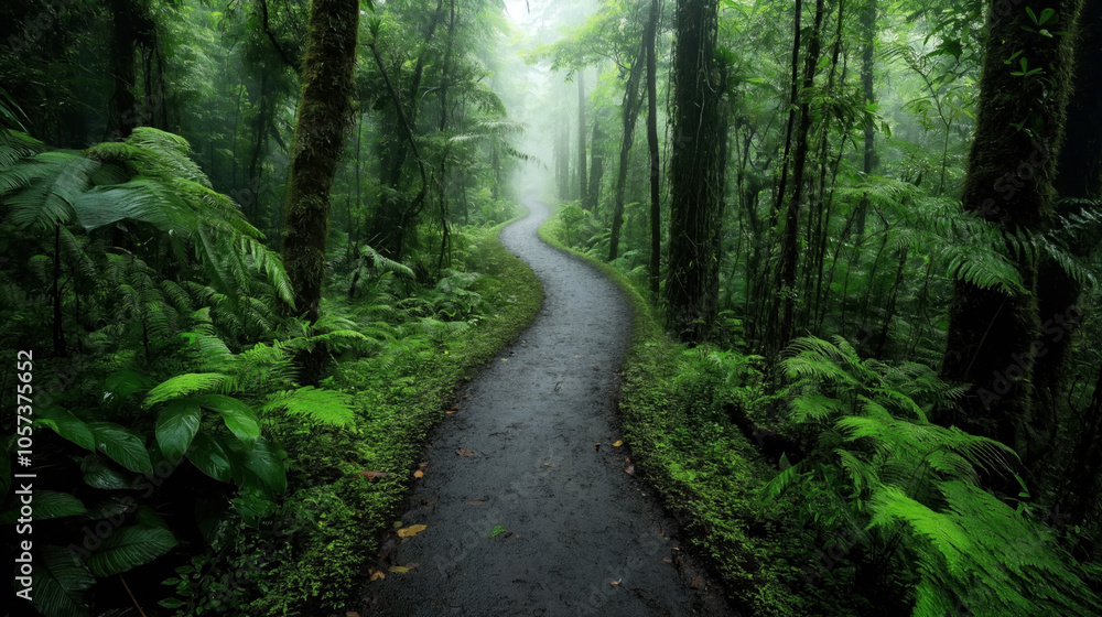Narrow winding path through dense tropical forest with lush green foliage and tall trees, covered in mist creating a mysterious and serene atmosphere. Narrow winding path through dense tropical forest with lush green foliage and tall trees, covered in mist creating a mysterious and serene atmosphere.