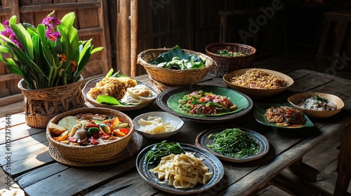 Appetizing Khantoke spread with vibrant Northern Thai dishes