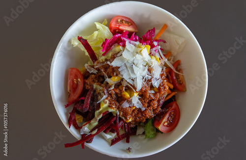 Obraz na płótnie Seasonal salad with iceberg lettuce, tomatoes, arugula, purslane, marinated red beetroot, grated parmesan cheese and special sauce. w salonie