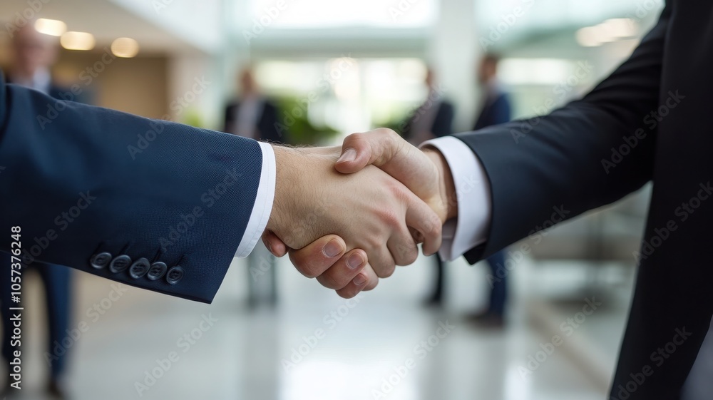 Two professionals engaging in a firm handshake, symbolizing agreement and collaboration in a modern business environment. Two professionals engaging in a firm handshake, symbolizing agreement and collaboration in a modern business environment.