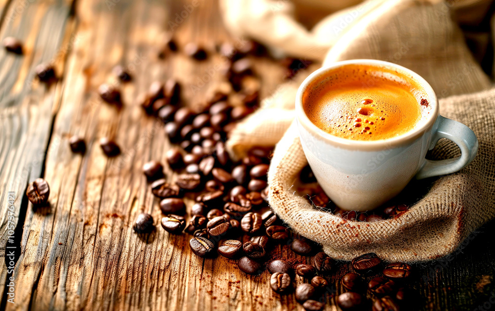 Freshly Brewed Coffee Cup with Beans on Rustic Wooden Table. Freshly Brewed Coffee Cup with Beans on Rustic Wooden Table.