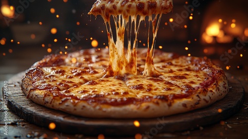 Cheese pull from a freshly baked pizza slice, with gooey mozzarella stretching in the air, served on a wooden platter, photorealistic photo