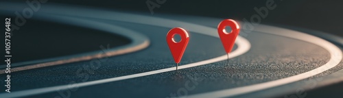 Two red location markers on a winding road, symbolizing navigation and travel. Ideal for maps and journey-related content. photo