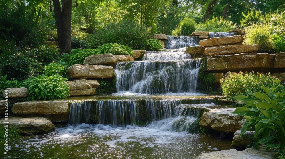 Beautiful limestone waterfall, with cascading water, lush greenery, Beautiful limestone waterfall, with cascading water, lush greenery,