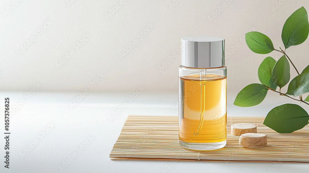 A bottle of hair oil placed on a bamboo mat, surrounded by tea tree leaves and sandalwood pieces, in a minimalist style with a clean background. A bottle of hair oil placed on a bamboo mat, surrounded by tea tree leaves and sandalwood pieces, in a minimalist style with a clean background.