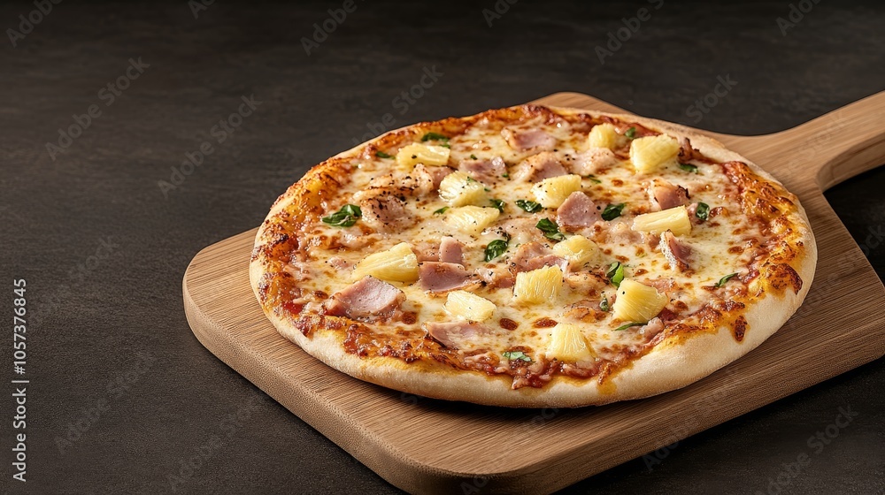 Thin-crust Hawaiian pizza with juicy pineapple and smoky ham, drizzled with a sweet chili sauce on a bamboo cutting board, photorealistic Thin-crust Hawaiian pizza with juicy pineapple and smoky ham, drizzled with a sweet chili sauce on a bamboo cutting board, photorealistic