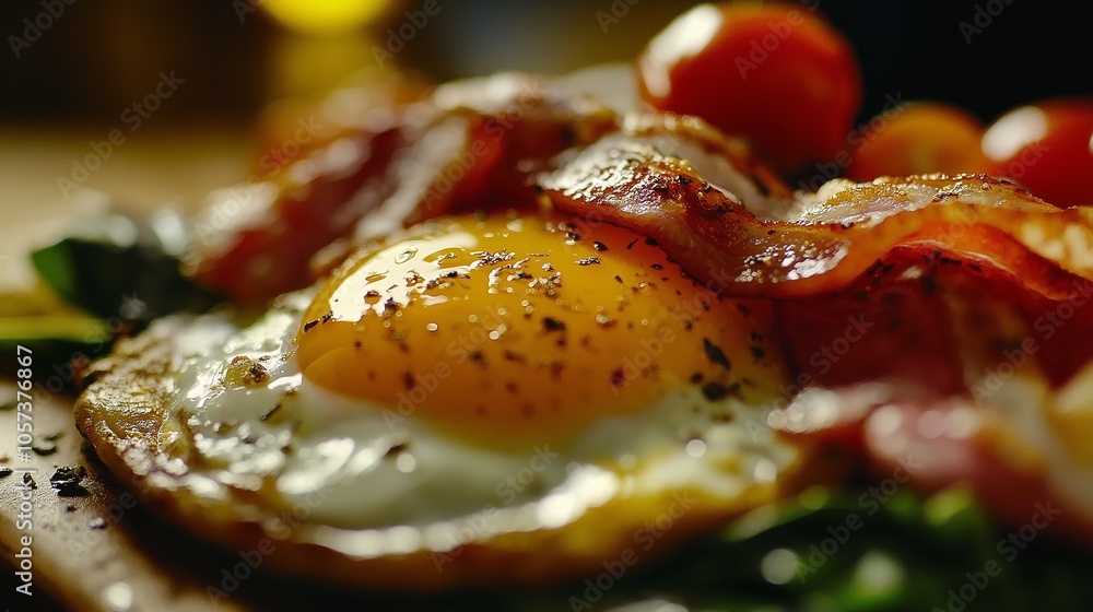 Close-up fried egg with bacon, tomatoes and spinach