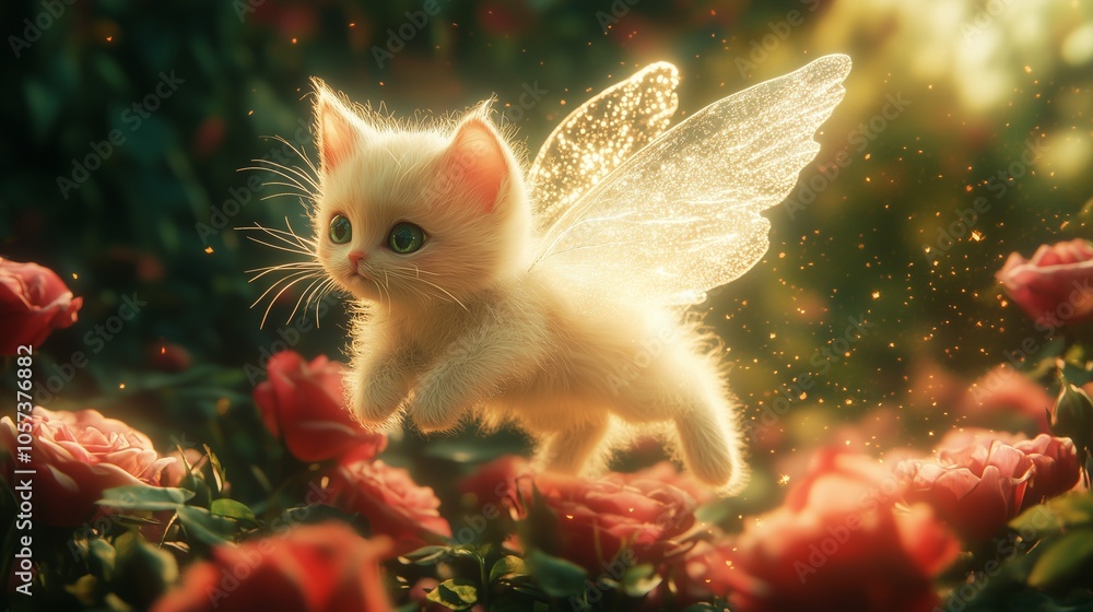 Kitten with fairy wings flying over the roses