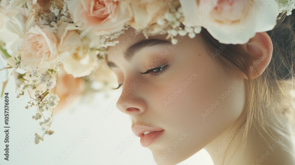 Close-up portrait of a woman with a flower hat