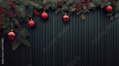 Red Christmas decoration on a dark, wooden panel