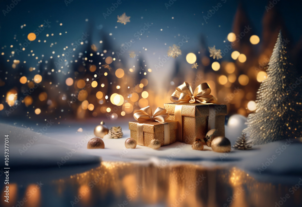 A winter wonderland scene with a stack of wrapped gifts, a snowy ground, and a small pine tree lit with lights. A winter wonderland scene with a stack of wrapped gifts, a snowy ground, and a small pine tree lit with lights.