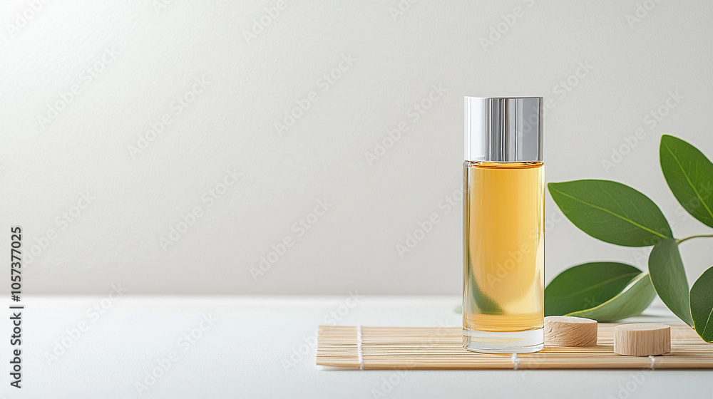 A bottle of hair oil placed on a bamboo mat, surrounded by tea tree leaves and sandalwood pieces, in a minimalist style with a clean background. A bottle of hair oil placed on a bamboo mat, surrounded by tea tree leaves and sandalwood pieces, in a minimalist style with a clean background.