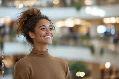 A young woman with curly hair and a high turtleneck smiles genuinely as she looks upward, surrounded by the bustling ambiance of a shopping center. photo