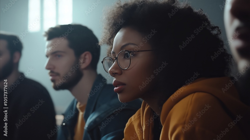 Woman with glasses is looking at something Woman with glasses is looking at something