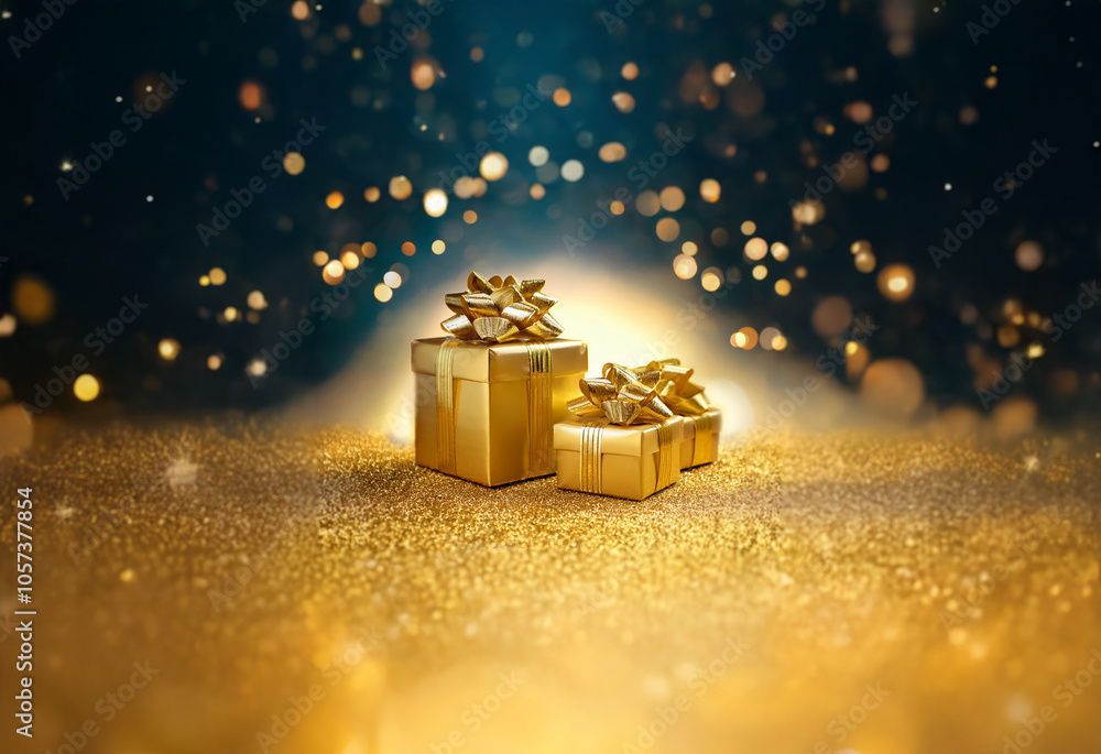 Three gold wrapped presents with gold bows sit on a bed of gold glitter. The presents are illuminated by a warm spotlight and are surrounded by out-of-focus sparkling lights. Three gold wrapped presents with gold bows sit on a bed of gold glitter. The presents are illuminated by a warm spotlight and are surrounded by out-of-focus sparkling lights.