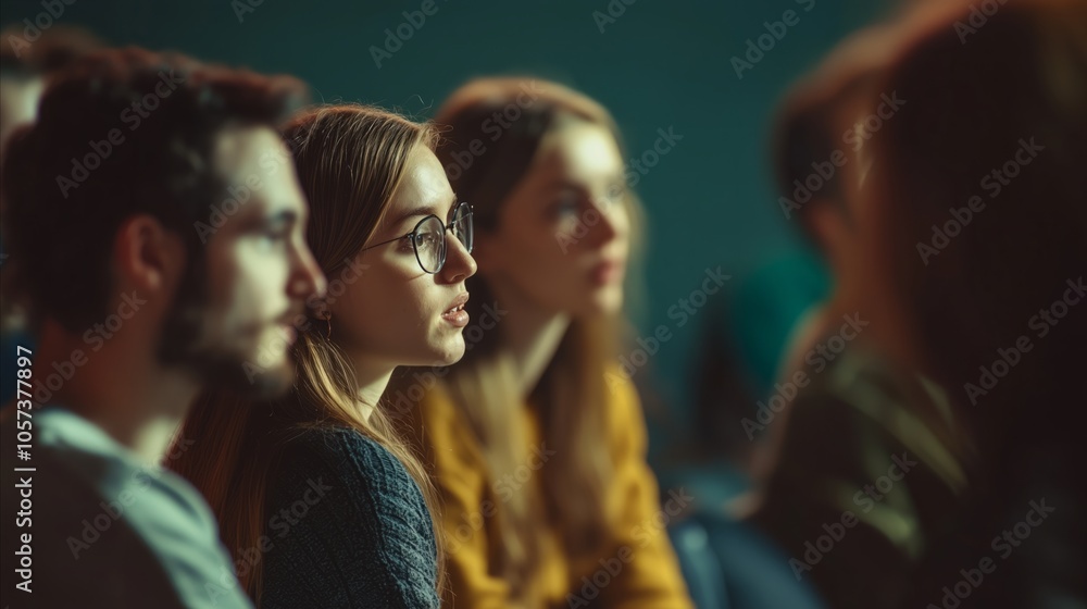 Group of people are sitting together, one of them wearing glasses Group of people are sitting together, one of them wearing glasses