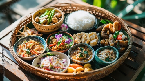 Bright and colorful Khantoke meal, with Northern Thai dishes served photo