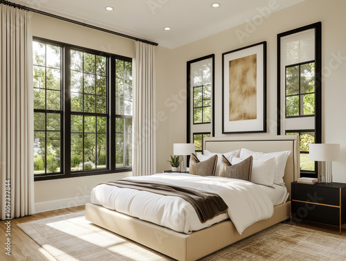 Elegant modern bedroom with large windows and neutral decor.