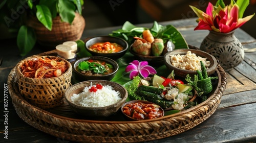 Bright and colorful Khantoke meal, with Northern Thai dishes served photo