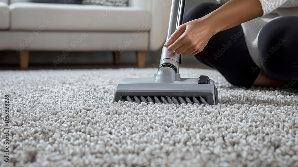 Fototapeta premium Woman adjusting carpet cleaner settings, modern equipment, efficient home cleaning