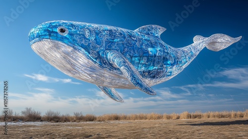 A giant whale kite with detailed patterns swimming through a bright blue sky, illustrating the boundless nature of the open air, photorealistic photo