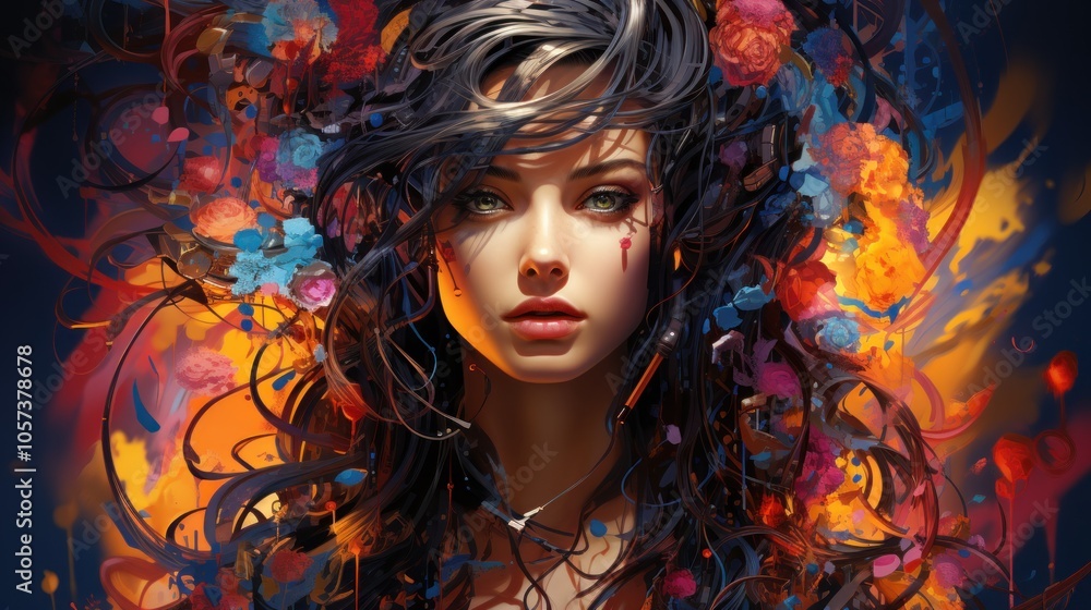 A vibrant portrait of a woman surrounded by colorful flowers and swirling patterns. A vibrant portrait of a woman surrounded by colorful flowers and swirling patterns.