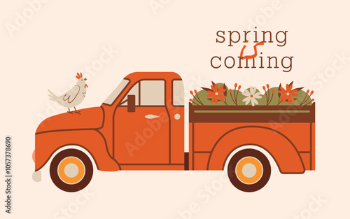 Spring is coming. Naive illustration with red pickup truck, hen, spring flowers, plants in pickup truck body. Vector cute clip art for card, banner, sticker. Springtime, blossom. Flat Style.
