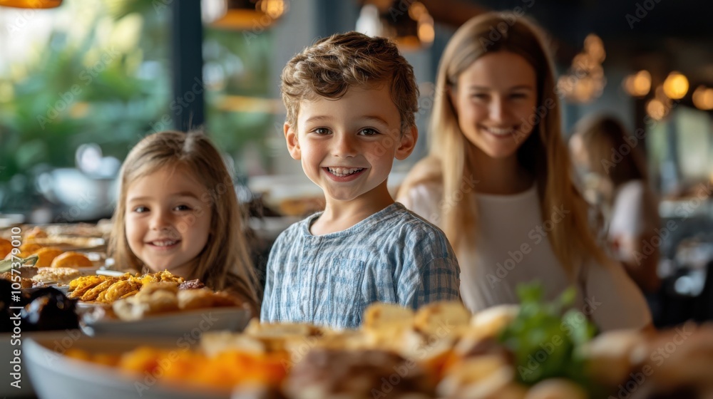 Cheerful kid and his sister at a hotel breakfast buffet, with a spread Cheerful kid and his sister at a hotel breakfast buffet, with a spread