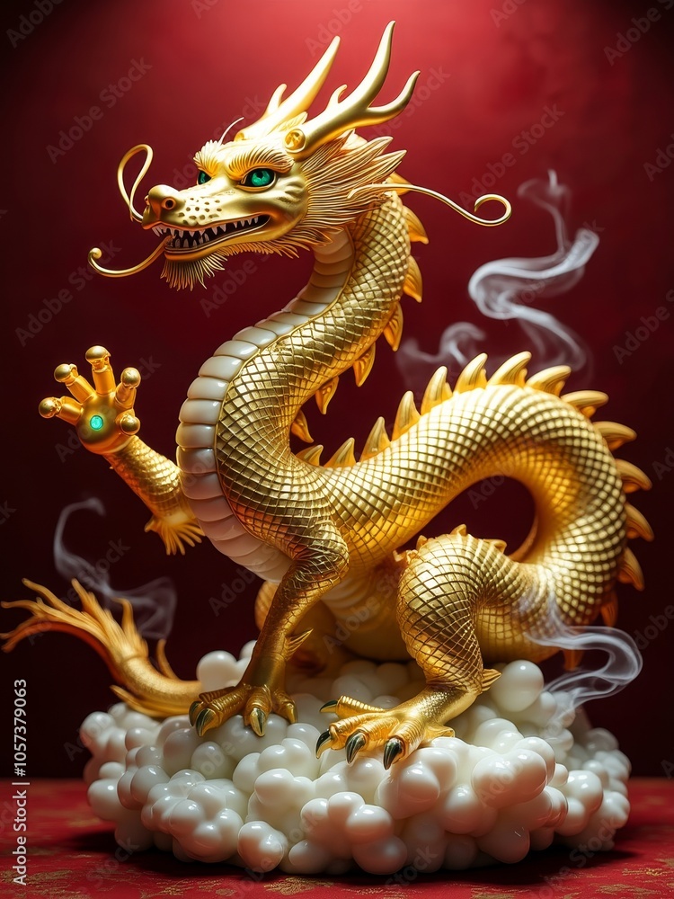 Obraz premium Majestic golden dragon figurine with smoke on a cloudy base
