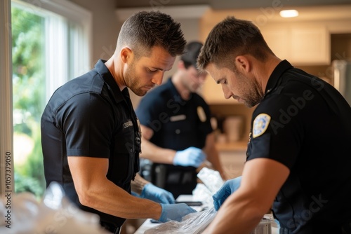 Three officers are seen carefully examining and processing evidence in a well-lit kitchen, focused on detailed investigation work, wearing uniforms and gloves, ensuring accuracy.