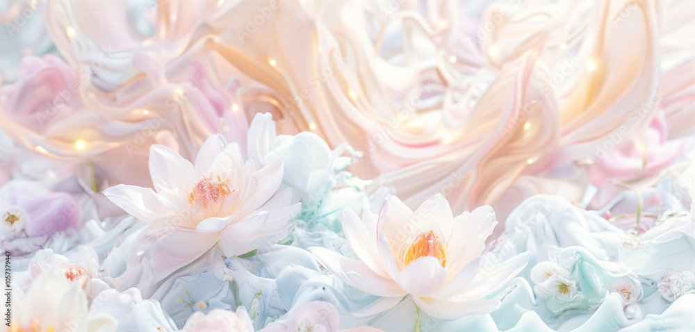 Soft pastel flowers with lotus blooms and flowing fabric in blue tones Soft pastel flowers with lotus blooms and flowing fabric in blue tones