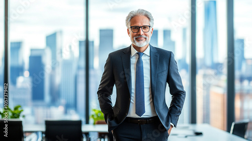  elderly businessman with grey hair, hands in his pockets, standing confidently in a sleek conference room with a city skyline view,