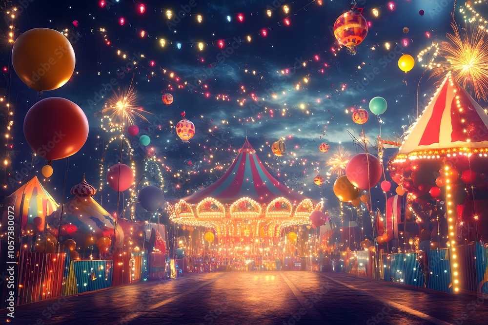 A Nighttime Carnival Scene with Festive Lights, Balloons, and a Carousel A Nighttime Carnival Scene with Festive Lights, Balloons, and a Carousel