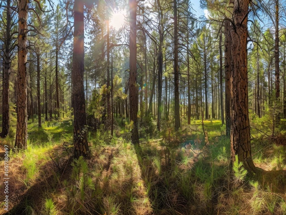 Fototapeta premium Sunlight Filtering Through a Dense Pine Forest