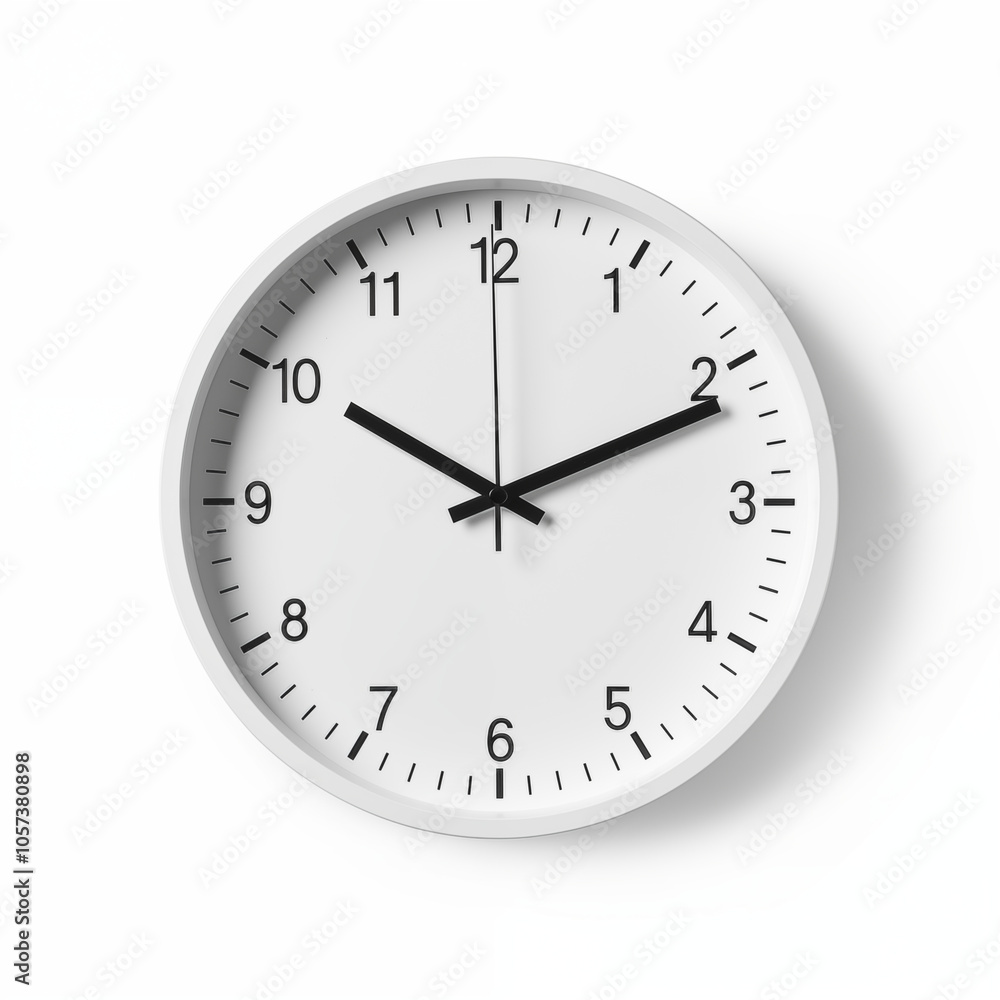 White Round Clock with Black Hands and Numbers on White Background White Round Clock with Black Hands and Numbers on White Background