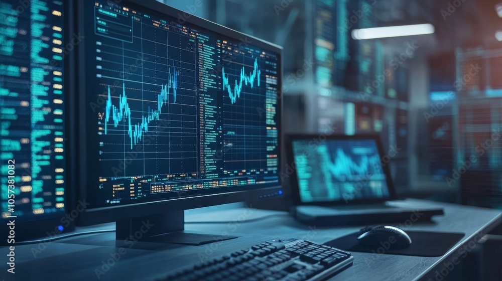 Multiple screens showing financial charts and market data Multiple screens showing financial charts and market data