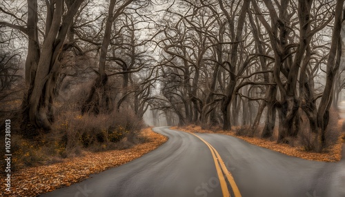 A country road bordered by trees in different stages fall leaves bare winter branches, AI Generated